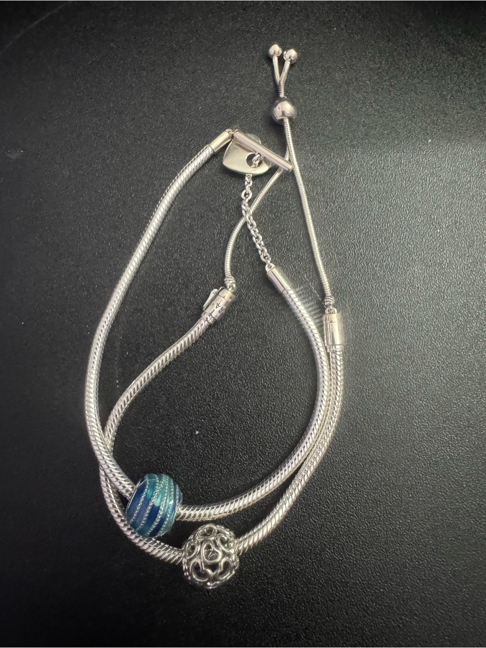 Pandora Set of 2 Silver Adjustable Bracelets with Blue Glass & Filigree Beads